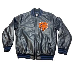 Chicago Bears Faux Leather Jacket Men Large Black Blue Embroidered Logos Used